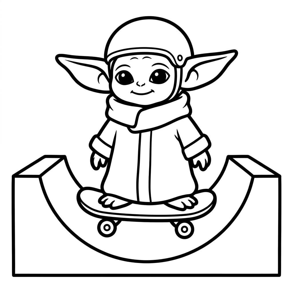 Baby Yoda coloring page riding a skateboard at the skatepark